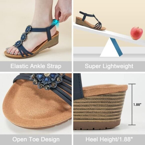 Women’s Wedge Sandals Faux Leather Open Toe Floral Rhinestone Summer Shoes - Picture 4 of 7